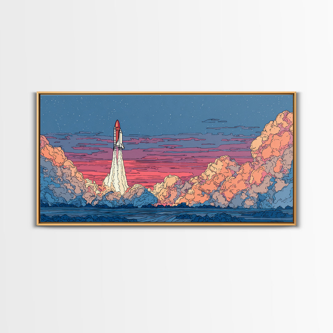 Twilight Rocket Launch Over Ocean Clouds Wall Art, Retro Sci Fi Poster, Mid Century Modern Print, Starry Space Decor Gift