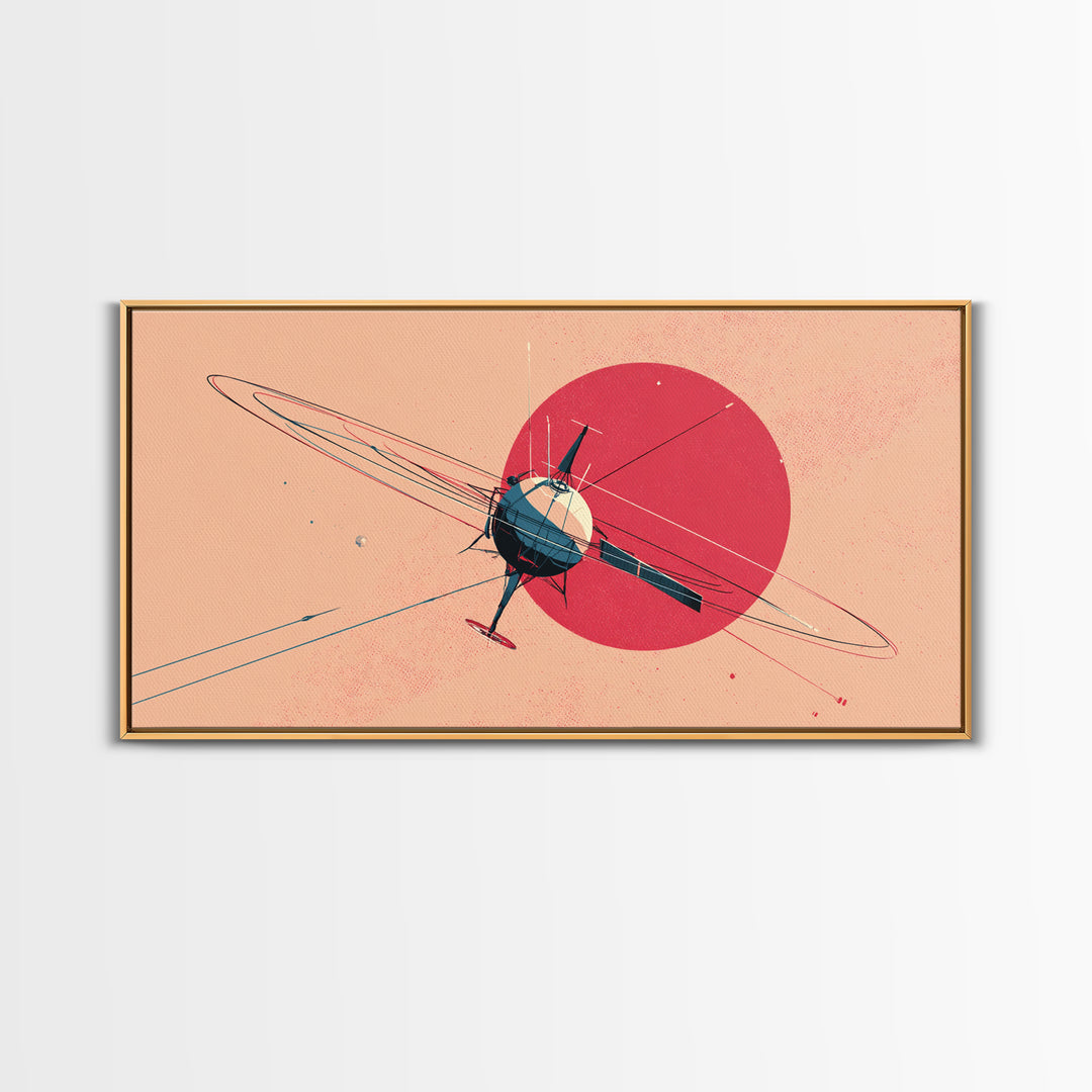 Retro Satellite Orbiting Pink Planet Canvas Print, Midcentury Modern Space Poster, Atomic Sci Fi Wall Art Decor Gift For Him