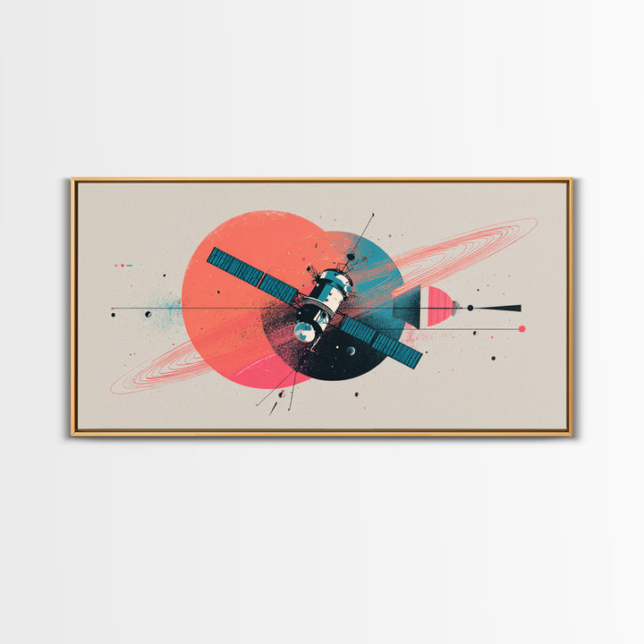 Abstract Satellite And Ringed Planet Wall Art, Midcentury Modern Space Poster, Retro Atomic Print, Modern Home Decor Gift