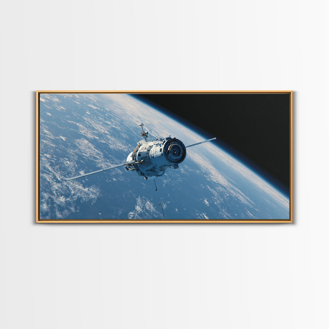 Realistic Spacecraft Orbiting Blue Earth Canvas Print, Modern Space Wall Decor, Satellite Poster, Sci Fi Office Artwork Gift