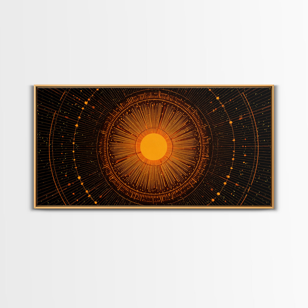 Orange Solar Mandala Interface Wall Art, Retro Sci Fi Circle Poster, Atomic Midcentury Modern Decor, Geometric Sun Print