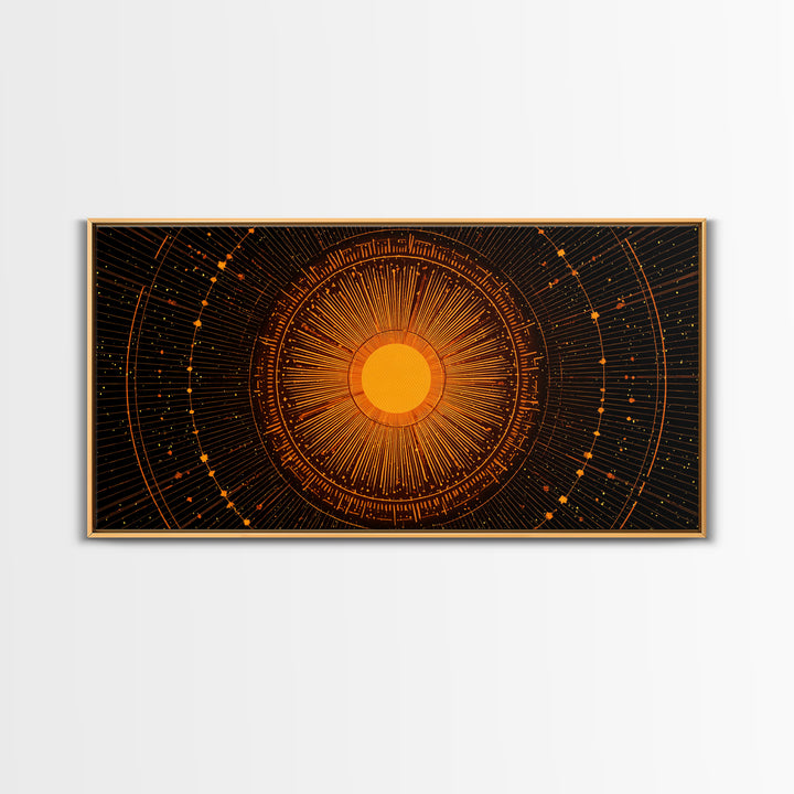 Orange Solar Mandala Interface Wall Art, Retro Sci Fi Circle Poster, Atomic Midcentury Modern Decor, Geometric Sun Print