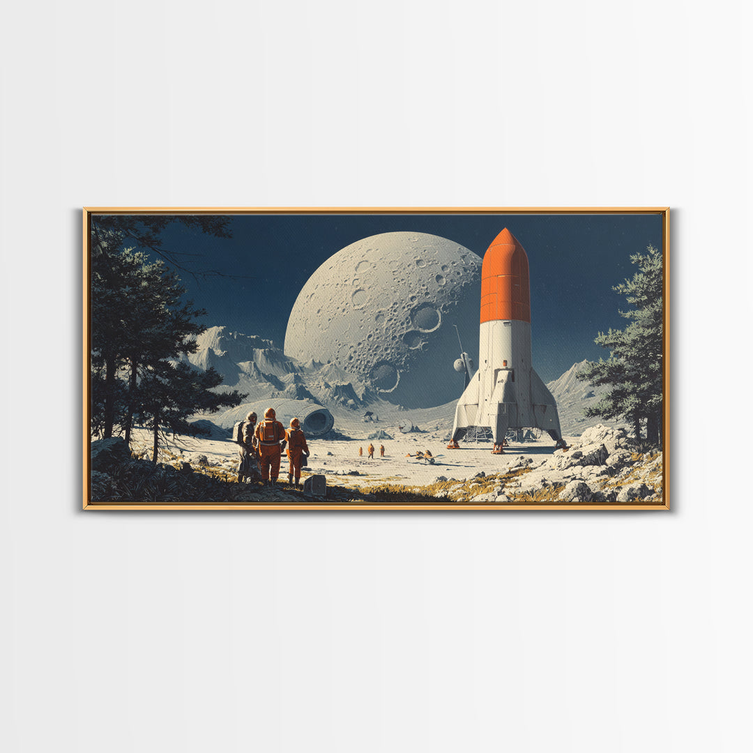 Moon Base Astronauts With Orange Rocket Framed Canvas Print, Retro Space Wall Art, Sci Fi Lunar Landscape Poster Decor Gift
