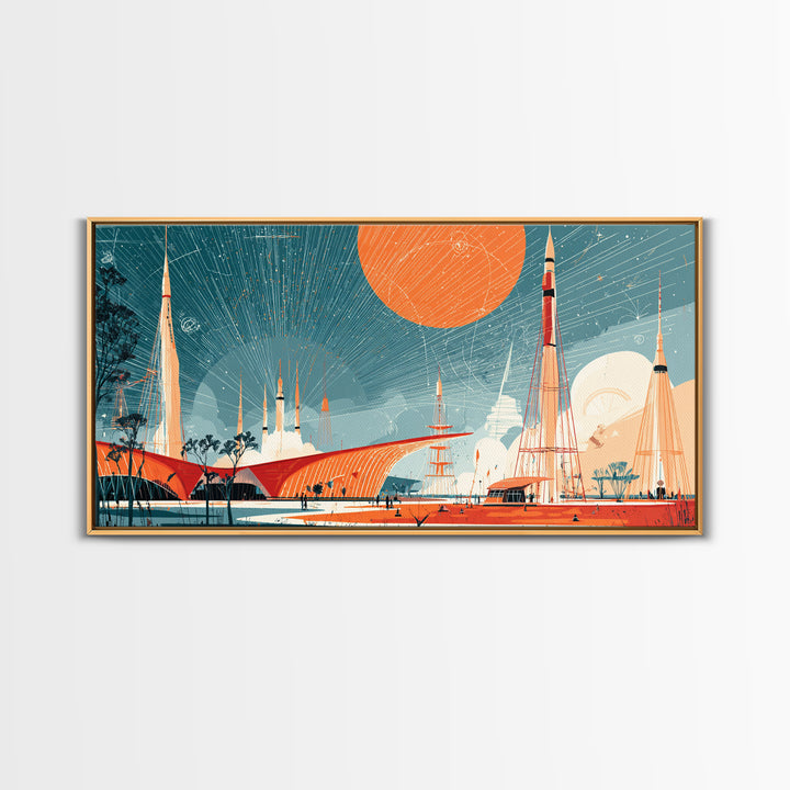 Futuristic Spaceport With Orange Sun Framed Canvas Print, Midcentury Modern Wall Art, Atomic Retro Decor, MCM Poster Gift