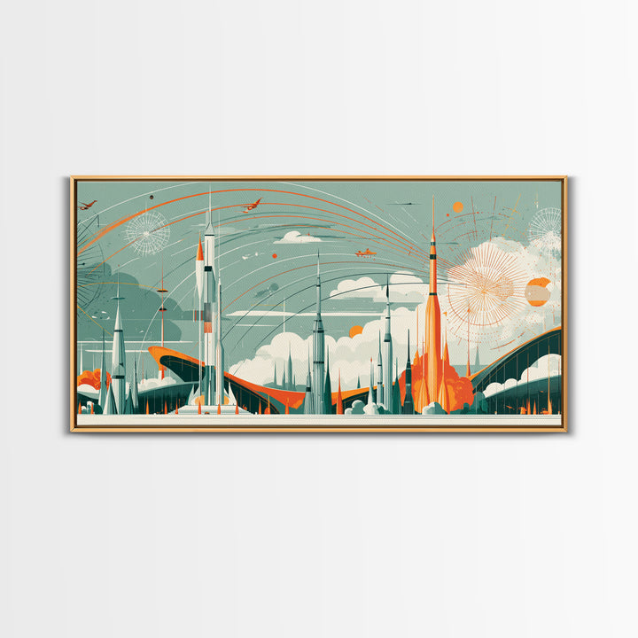 Retro Rocket City With Arcing Skies Canvas Print, Midcentury Modern Wall Art, Space Age Poster, Atomic MCM Home Decor Gift