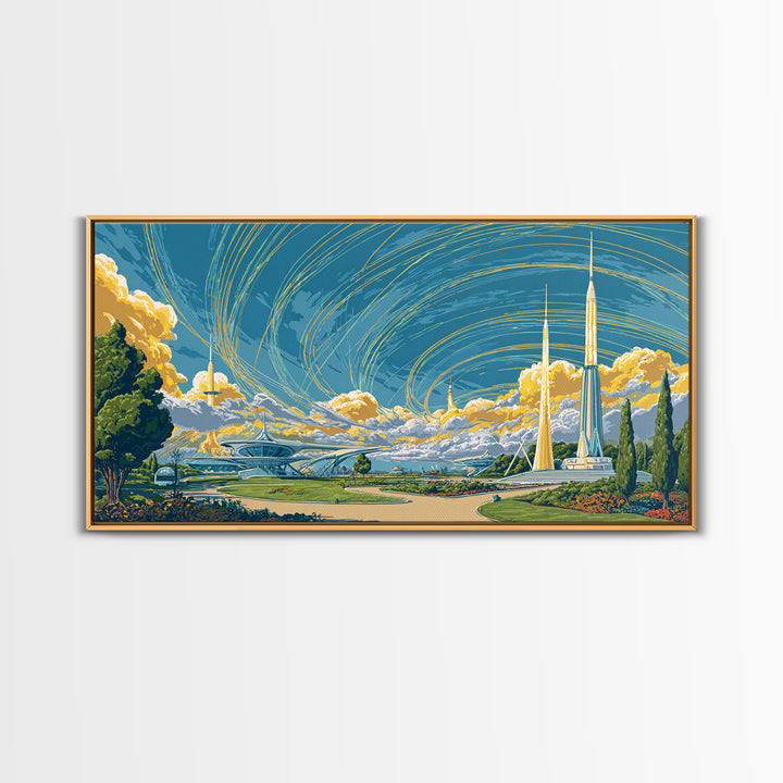 Utopian Spaceport Landscape With Golden Clouds Wall Art, Midcentury Modern Canvas Print, Retro Futurist Poster, MCM Decor