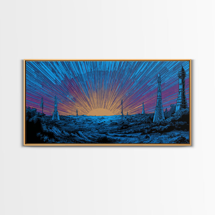 Blue Cosmic Sunrise Over Sci Fi Towers Canvas Print, Midcentury Modern Wall Art, Retro Space Poster, Bold MCM Decor Gift