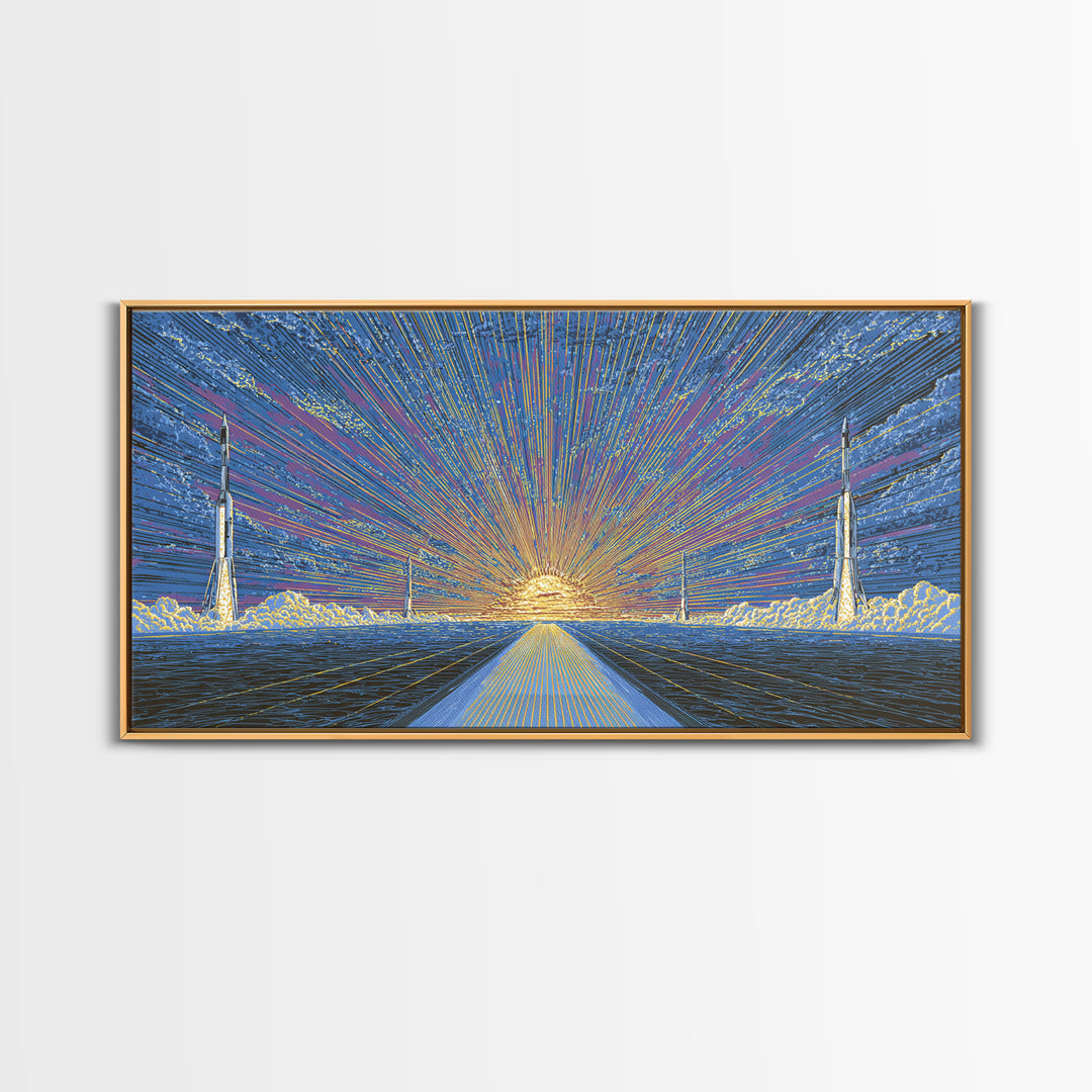 Radiant Rocket Road At Spaceport Sunrise Wall Art, Midcentury Modern Canvas Print, Retro Futurist Poster, MCM Home Decor