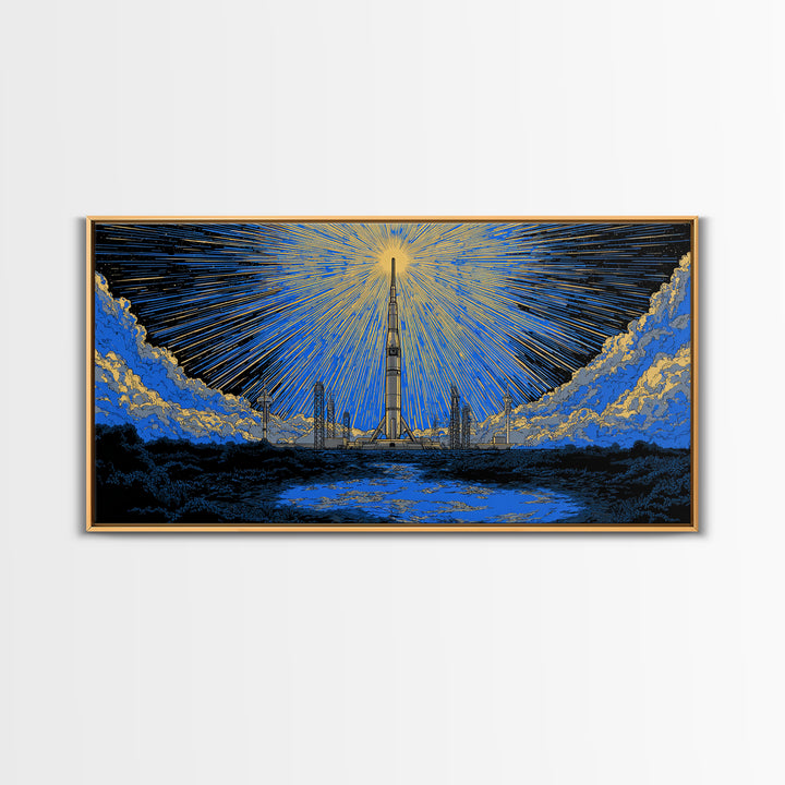 Rocket Launch Tower Beneath Starburst Sky Framed Canvas Print, Midcentury Modern Wall Art, Atomic Retro Space Decor Gift