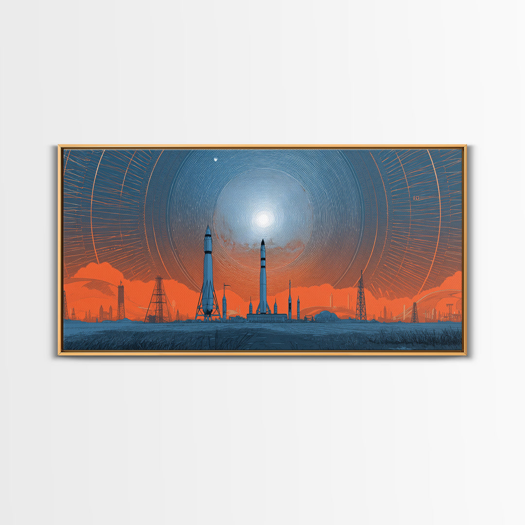 Orange Spaceport Skyline With Radiant Sun Wall Art, Midcentury Modern Canvas Print, Retro Futurist Poster, Industrial MCM Decor