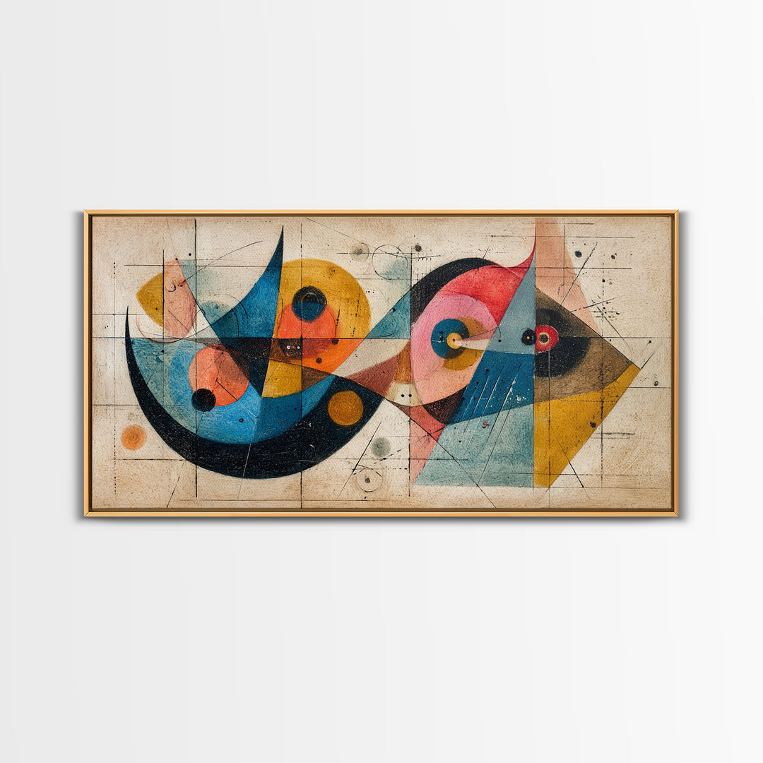 Abstract Bauhaus Fish Shapes In Teal Yellow Pink Wall Art, Midcentury Modern Canvas Print, Geometric Retro Decor, MCM Poster