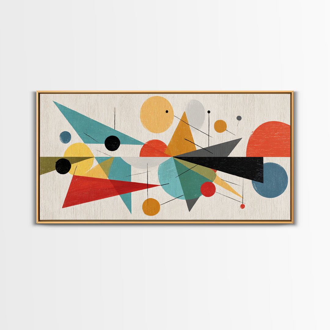 Playful Circles And Triangles Framed Canvas Print, Midcentury Modern Art, Colorful Geometric Wall Decor, Abstract Poster