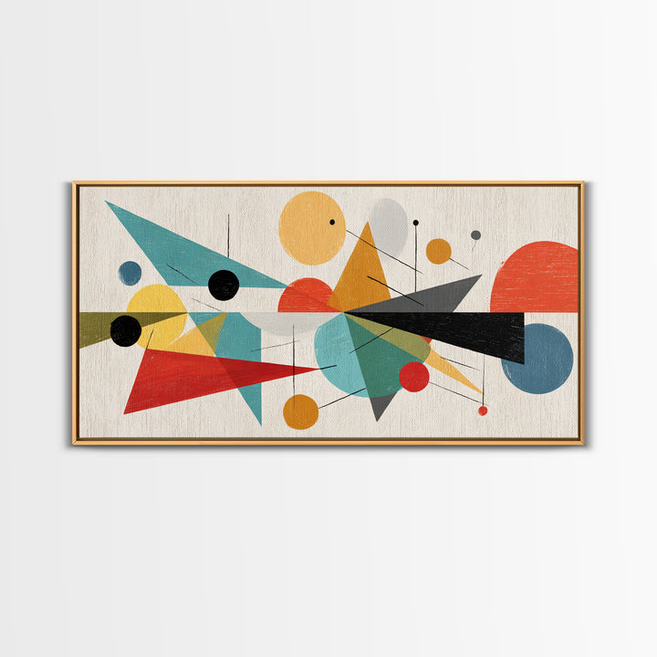 Playful Circles And Triangles Framed Canvas Print, Midcentury Modern Art, Colorful Geometric Wall Decor, Abstract Poster
