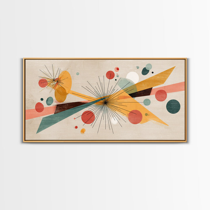 Atomic Starbursts With Teal Gold Shapes Wall Art, Midcentury Modern, Abstract Geometric Poster, Retro MCM Living Room Decor