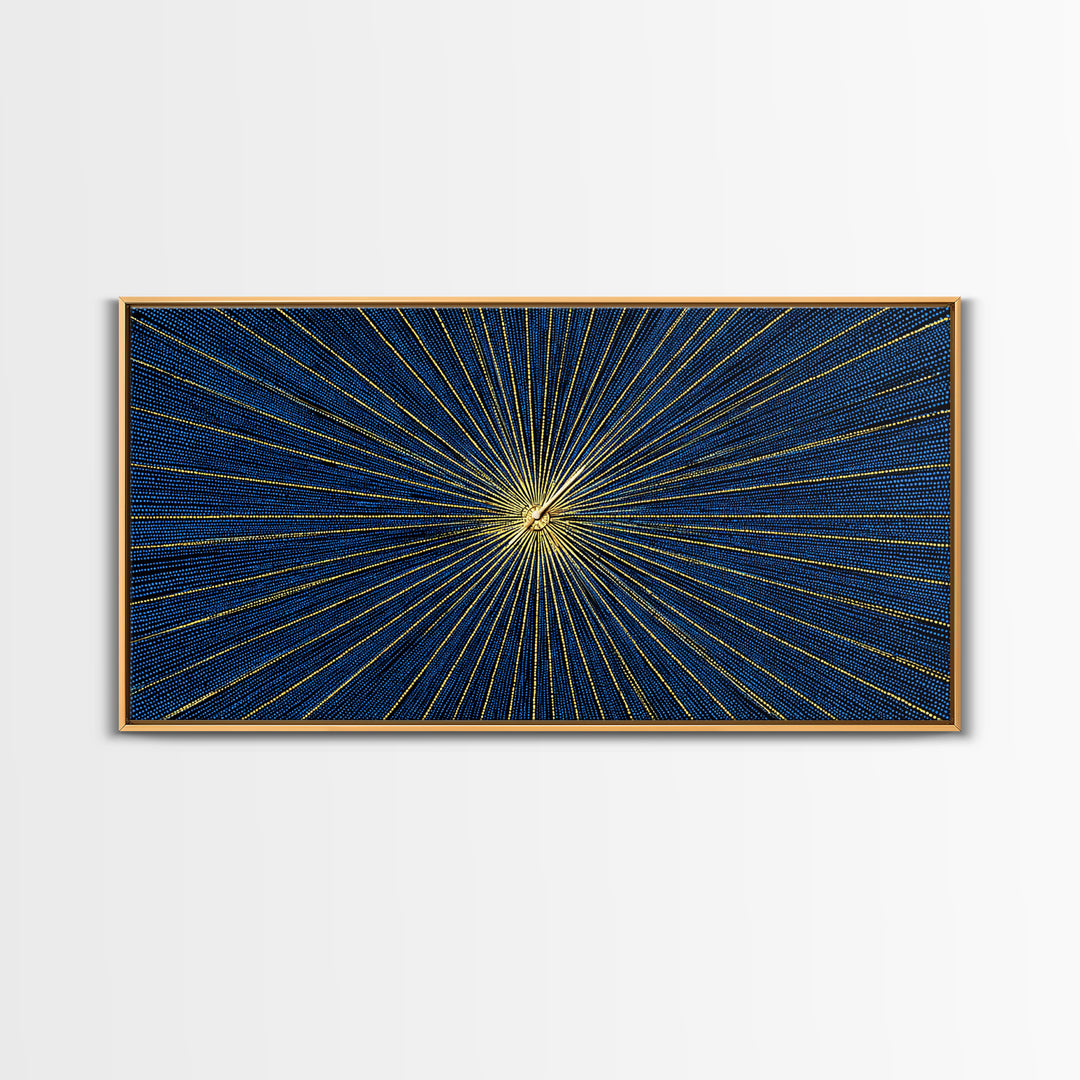 Blue Gold Radiating Op Art Wall Art, Midcentury Modern, Geometric Abstract Print, Atomic Sunburst, Modern Wall Decor, Living Room Art