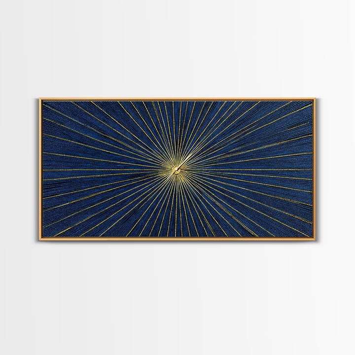 Blue Gold Radiating Op Art Wall Art, Midcentury Modern, Geometric Abstract Print, Atomic Sunburst, Modern Wall Decor, Living Room Art