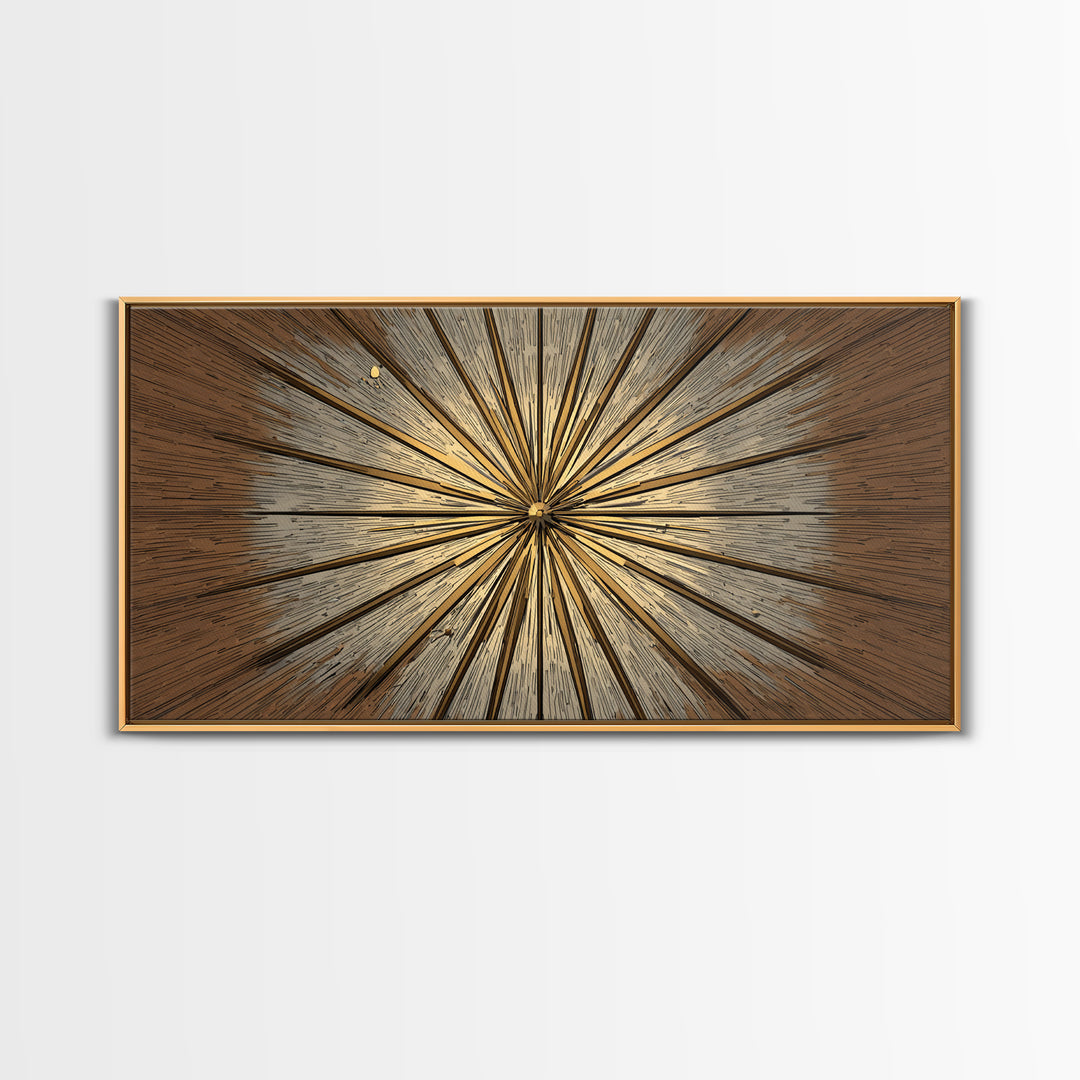 Brown Gold Woodgrain Sunburst Framed Canvas Print, Midcentury Modern Art, Neutral Wall Decor, Geometric Abstract Poster Art