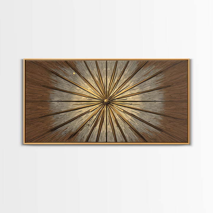 Brown Gold Woodgrain Sunburst Framed Canvas Print, Midcentury Modern Art, Neutral Wall Decor, Geometric Abstract Poster Art