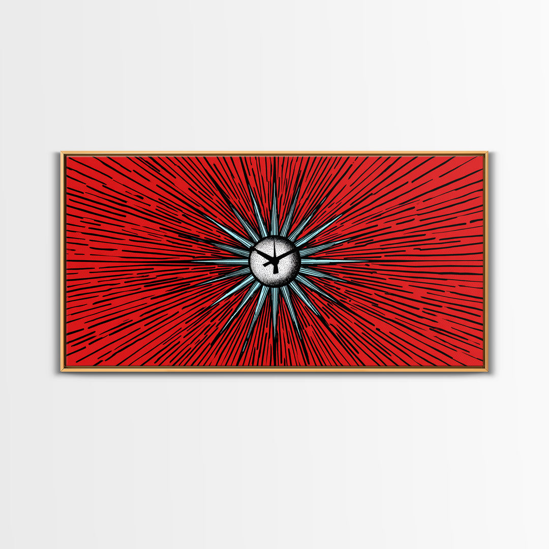 Red Atomic Starburst Clock Wall Art, Mid Century Modern Decor, Retro Sci Fi Poster, MCM Abstract Print, Bold Office Decor