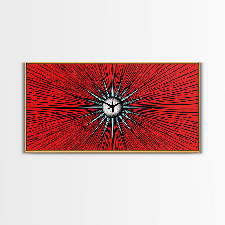 Red Atomic Starburst Clock Wall Art, Mid Century Modern Decor, Retro Sci Fi Poster, MCM Abstract Print, Bold Office Decor