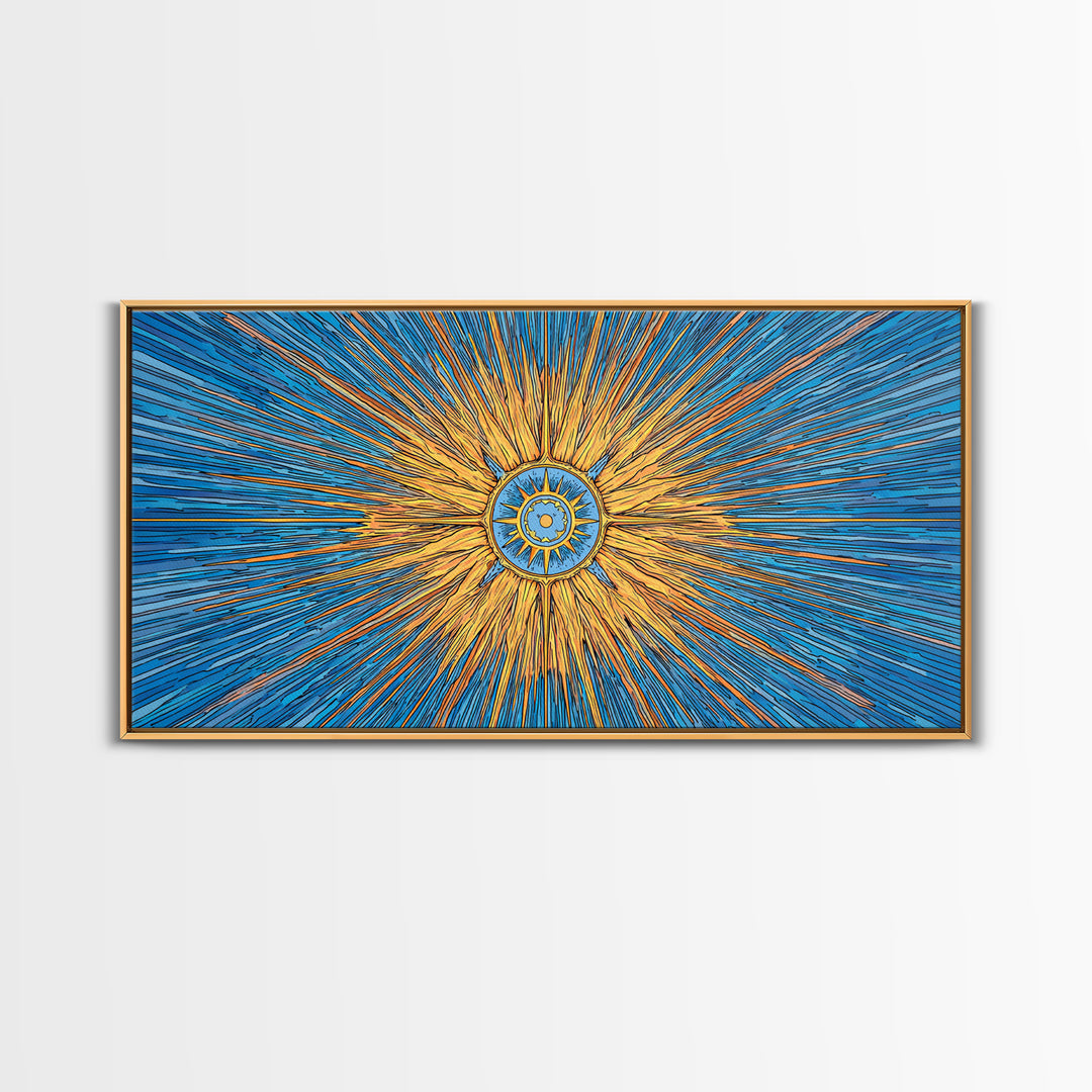 Blue Gold Solar Compass Canvas Print, Mid Century Modern Wall Decor, Atomic Sunburst Poster, Celestial Abstract Art, Office Decor