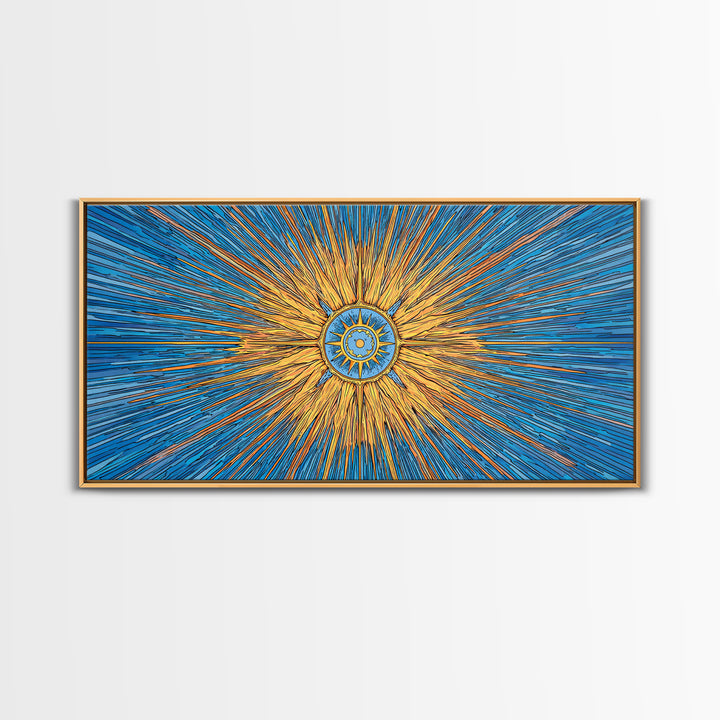 Blue Gold Solar Compass Canvas Print, Mid Century Modern Wall Decor, Atomic Sunburst Poster, Celestial Abstract Art, Office Decor