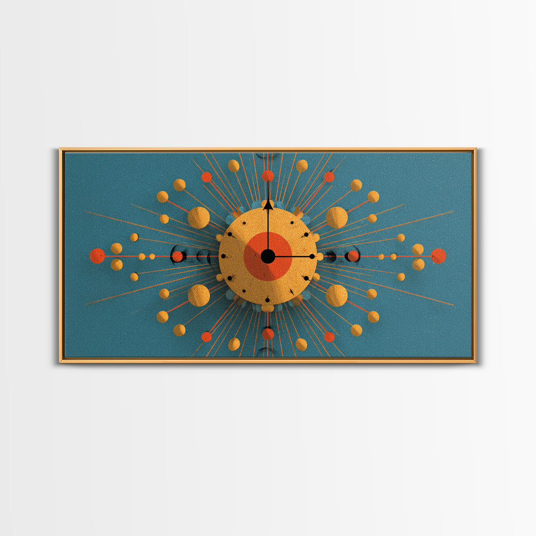 Teal Gold Atomic Clock Framed Canvas Print, Mid Century Modern Wall Art, Retro Space Age Poster, MCM Geometric Office Decor