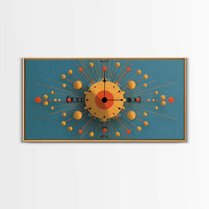 Teal Gold Atomic Clock Framed Canvas Print, Mid Century Modern Wall Art, Retro Space Age Poster, MCM Geometric Office Decor