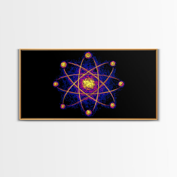 Neon Planet Atomic Canvas Print, Mid Century Modern Wall Art, Retro Sci Fi Space Poster, Cosmic Abstract MCM Office Decor