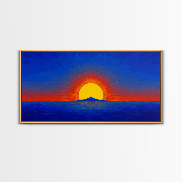 Geometric Ocean Sunset Wall Art, Mid Century Modern Landscape, Retro Sun Poster, Blue Orange Canvas Print For Coastal Decor
