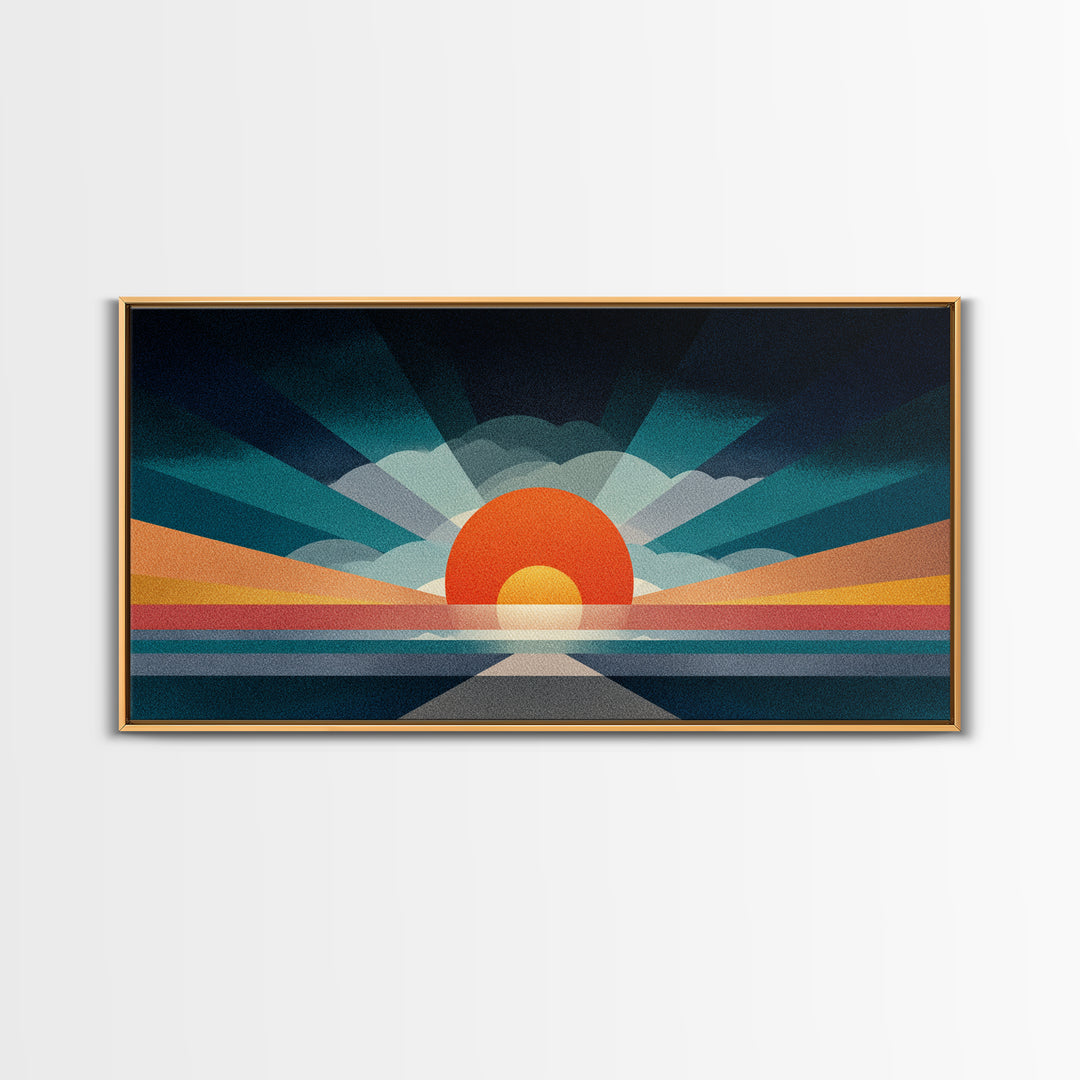 Retro Radiant Sunrise Wall Art, Mid Century Modern Geometric Poster, Abstract Desert Sun Canvas Print, Colorful Home Decor