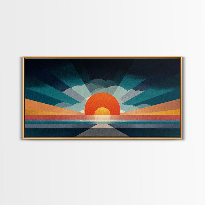 Retro Radiant Sunrise Wall Art, Mid Century Modern Geometric Poster, Abstract Desert Sun Canvas Print, Colorful Home Decor