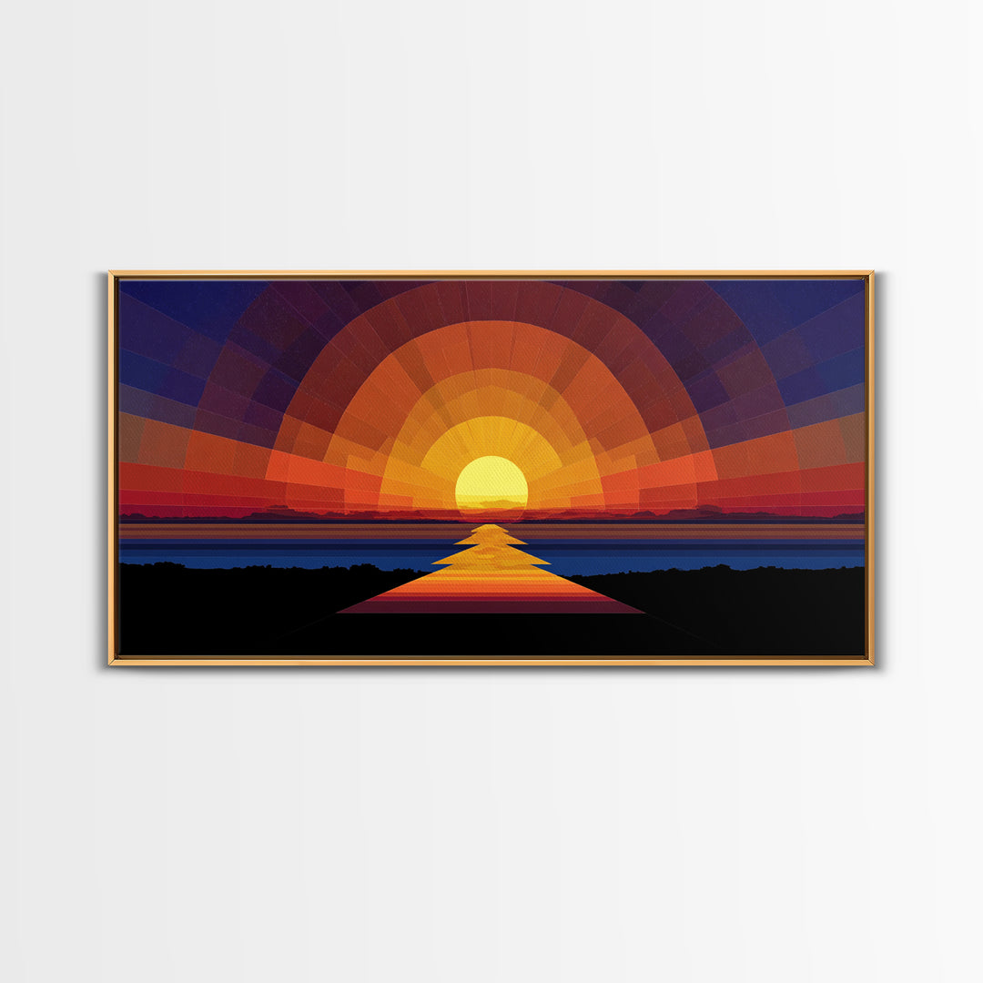 Geometric Sunset Over Ocean Path Wall Art, Mid Century Modern Abstract, Retro Sun Poster, Colorful Living Room Decor Print