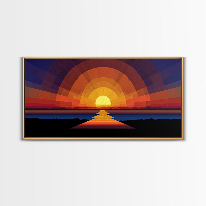 Geometric Sunset Over Ocean Path Wall Art, Mid Century Modern Abstract, Retro Sun Poster, Colorful Living Room Decor Print