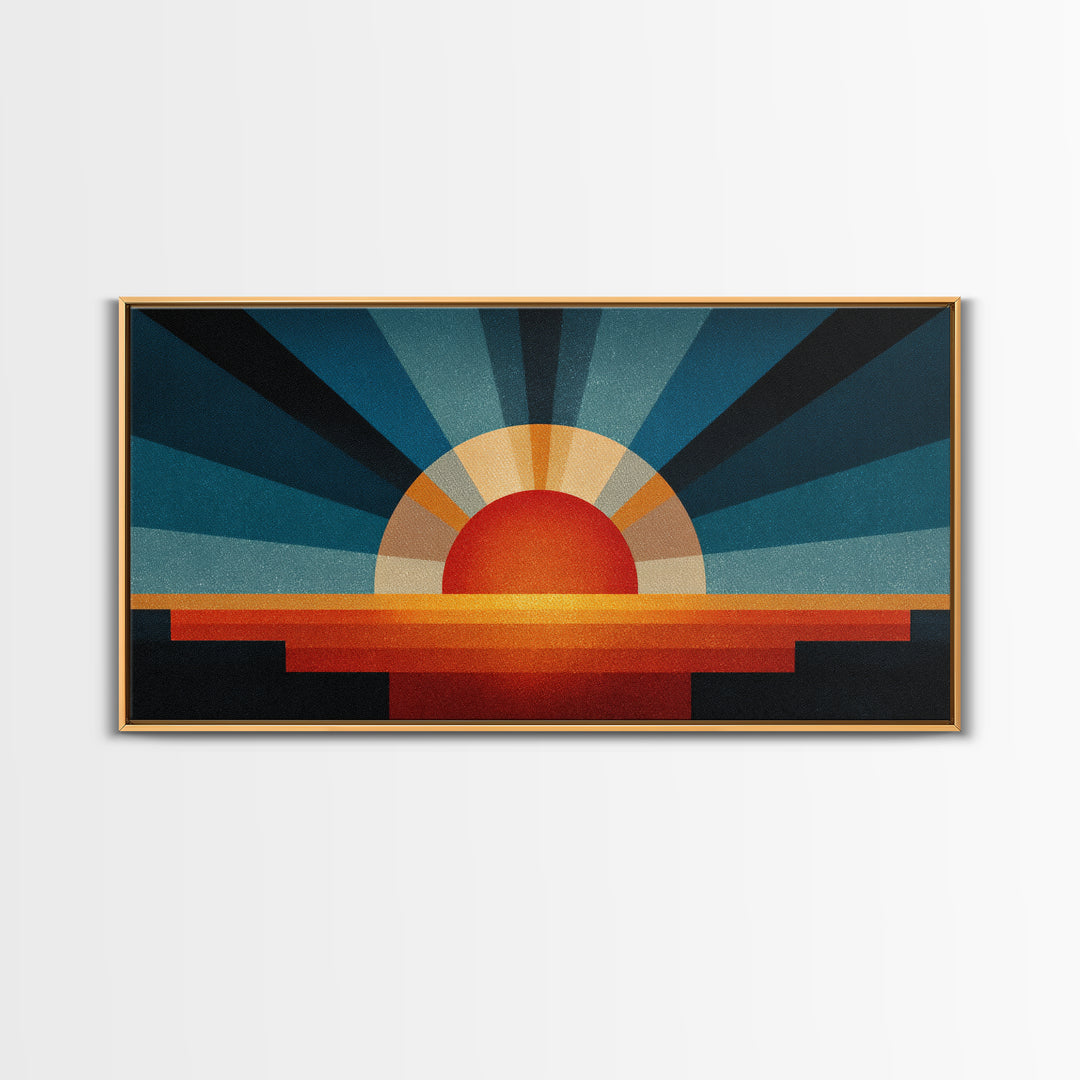 Textured Sun Rising Over Horizon Canvas Print, Mid Century Modern Abstract, Retro Wall Decor, Orange Blue Living Room Art