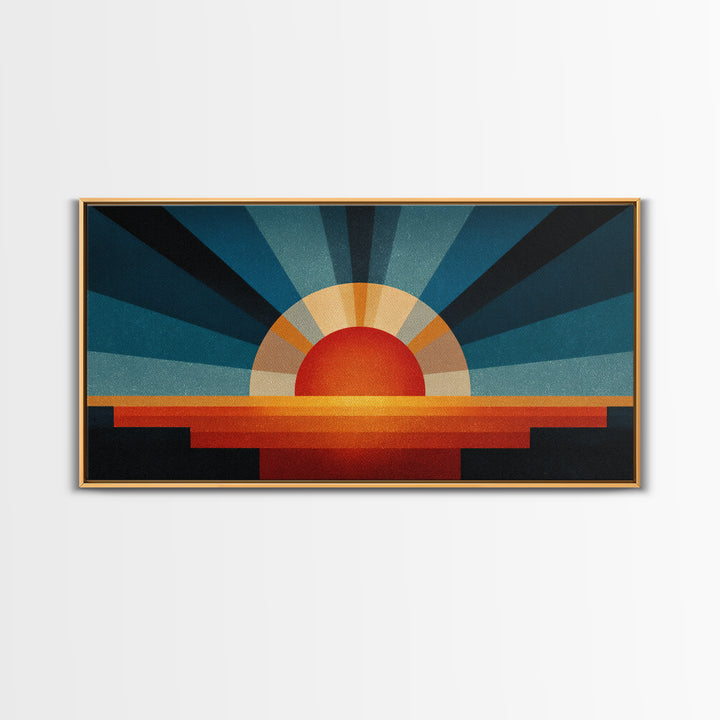 Textured Sun Rising Over Horizon Canvas Print, Mid Century Modern Abstract, Retro Wall Decor, Orange Blue Living Room Art