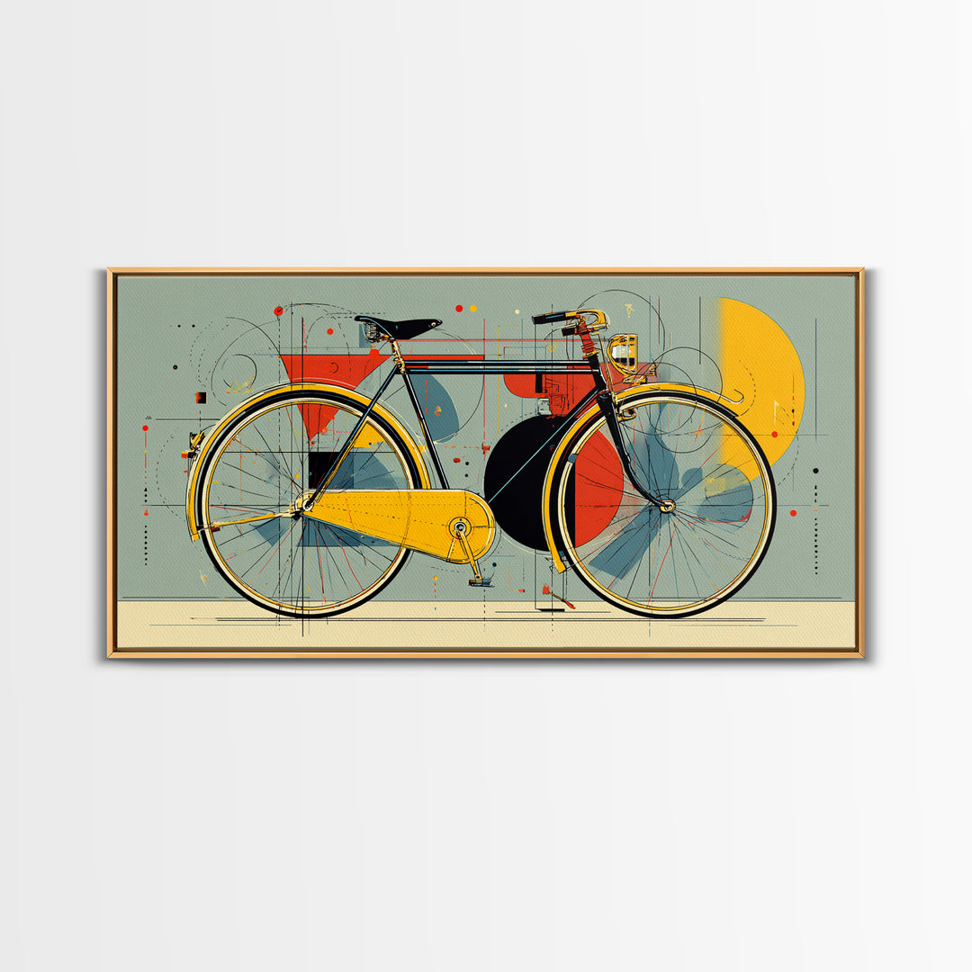Classic City Bicycle With Abstract Circles Framed Canvas Print, Mid Century Modern Wall Art, Retro Bike Poster, Studio Decor
