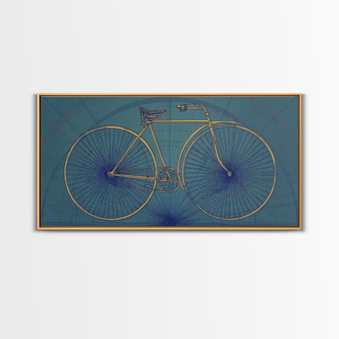 Technical Line Drawing Bicycle On Blue Framed Canvas Print, Mid Century Modern Art, Retro Cycling Poster, Home Office Decor