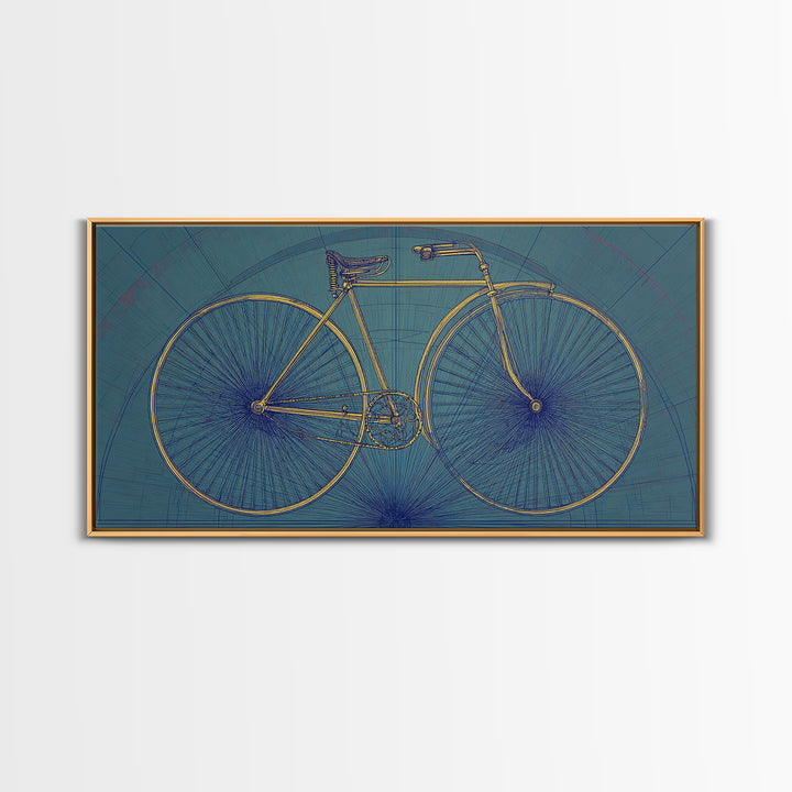 Technical Line Drawing Bicycle On Blue Framed Canvas Print, Mid Century Modern Art, Retro Cycling Poster, Home Office Decor