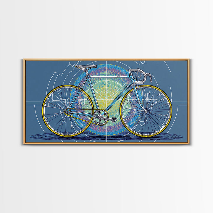 Touring Bicycle With Rainbow Circle Framed Canvas Print, Mid Century Modern Wall Art, Retro Cycling Poster, Blue Office Decor
