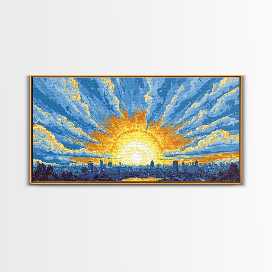 Golden Sunrise City Skyline Wall Art, Blue Sky Urban Landscape Canvas Print, Modern Home Decor, Statement Living Room Art