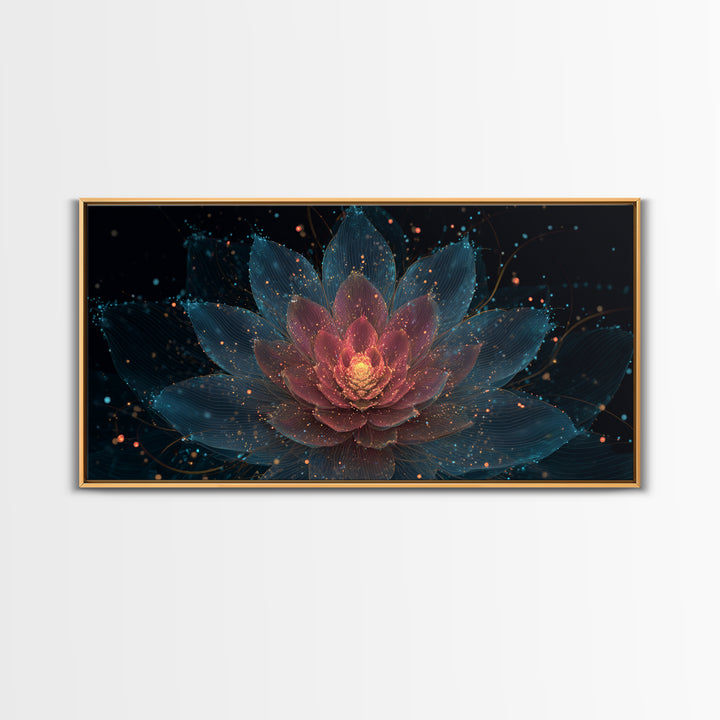 Teal Pink Lotus Canvas Print, Glowing Floral Mandala, Spiritual Abstract Art, Modern Wall Art, Yoga Decor For Meditation Room