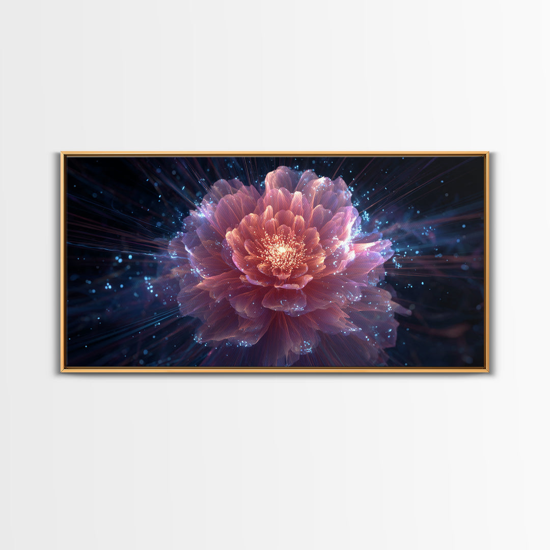 Radiant Pink Peony Canvas Print, Cosmic Floral Bloom, Blue Sparkle Abstract Art, Modern Wall Art For Bedroom And Living Room