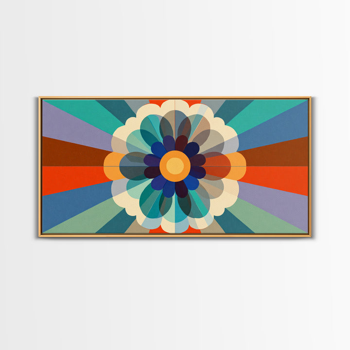 Retro Geometric Flower Wall Art, Colorful Mid Century Modern Radial Bloom, Bauhaus Poster, Bold Abstract Home Decor Print