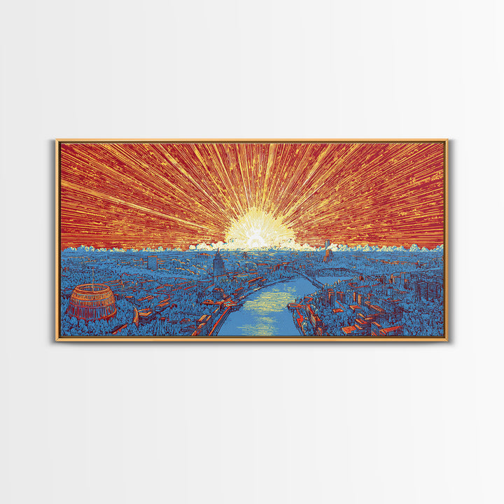 Orange Harbor Sunset Cityscape Wall Art, Blue Water Skyline Print, Retro Travel Poster, Modern Office Decor Canvas Print