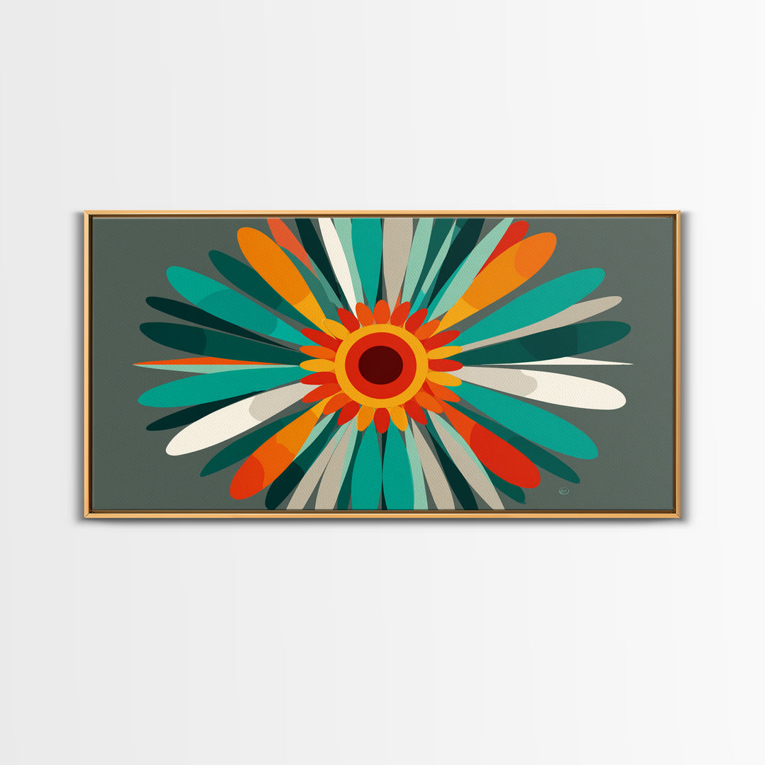Teal Orange Atomic Flower Wall Art, Mid Century Modern Abstract Burst, Retro Geometric Poster, MCM Home Decor Canvas Print