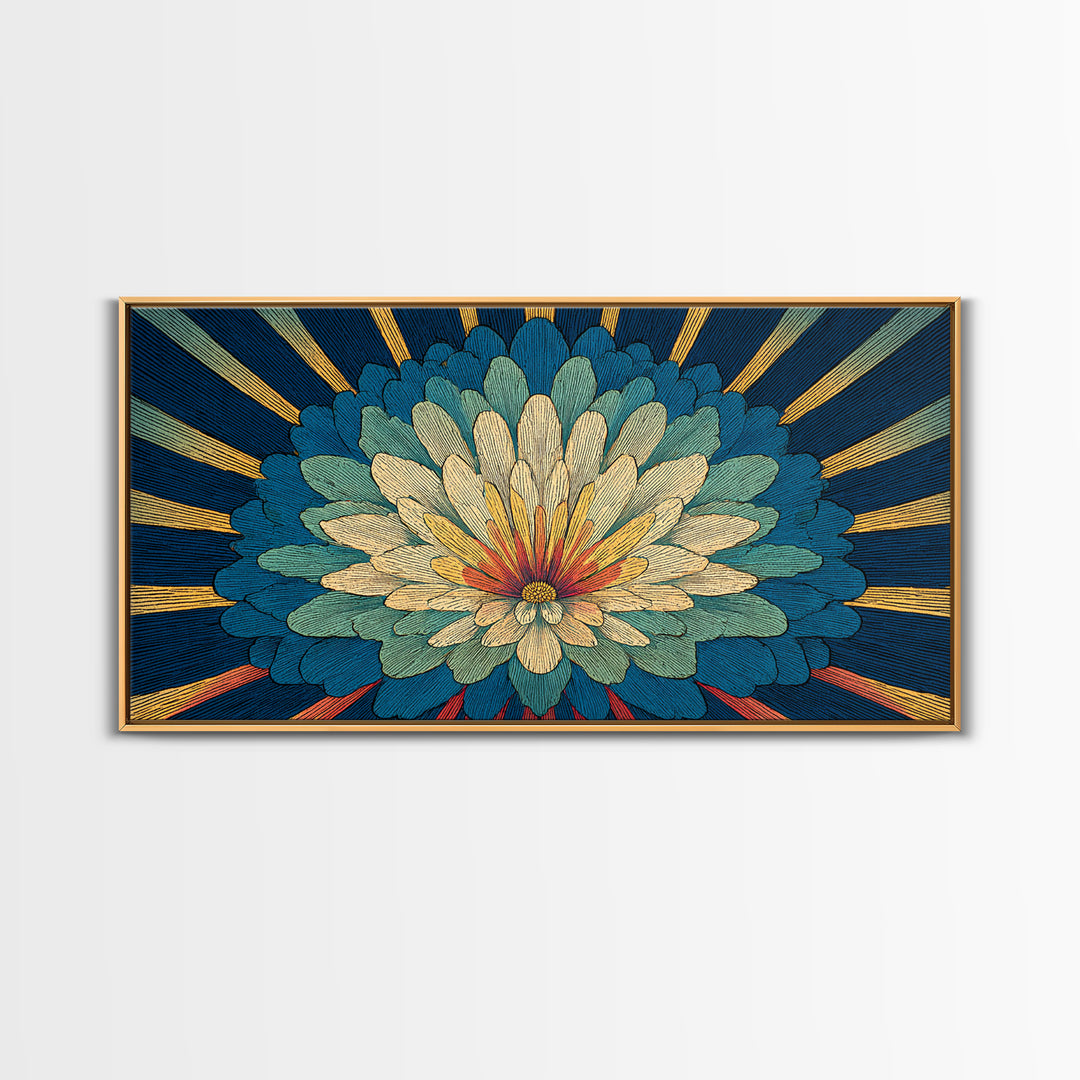 Teal Cream Radiant Flower Wall Art, Midcentury Modern Art Print, Art Deco Floral Decor, Retro Botanical Living Room Decor