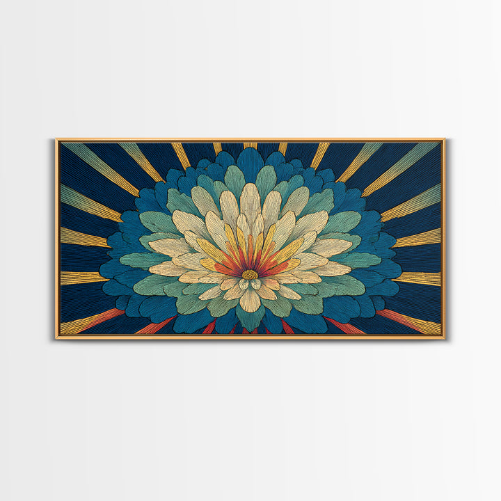 Teal Cream Radiant Flower Wall Art, Midcentury Modern Art Print, Art Deco Floral Decor, Retro Botanical Living Room Decor