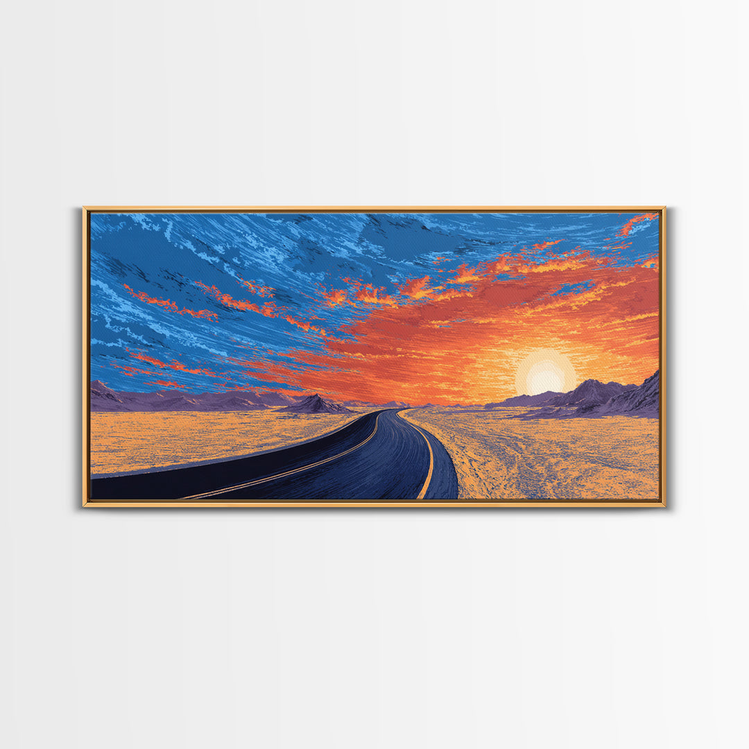 Sunset Highway Desert Wall Art, Midcentury Modern Landscape Print, Retro Travel Poster, Orange Blue Living Room Decor For Home