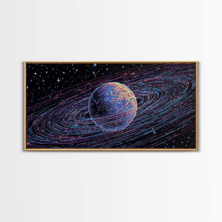 Ringed Planet Space Wall Art, Retro Sci Fi Canvas Print, Cosmic Abstract Art, Modern Digital Art Poster For Bedroom Decor